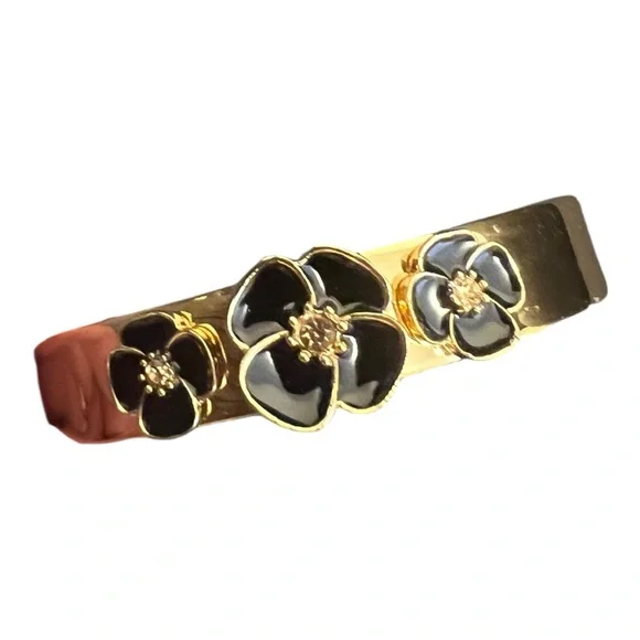 Kate Spade Floral Hinged Bangle Bracelet and Pierced Earrings Set Black & Gold - Picture 5 of 7